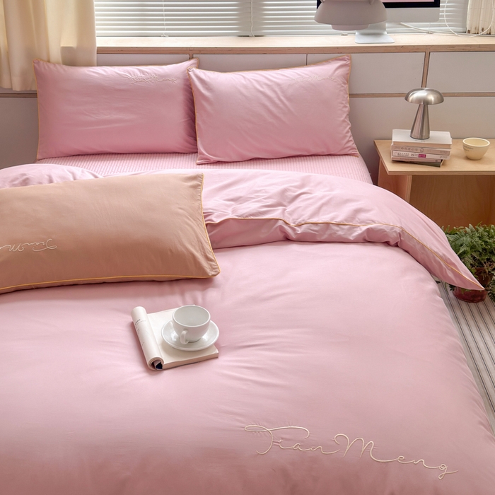 91家纺网 家纺一手货源 找家纺 Sweet dreams甜梦 2026新款全棉纯棉刺绣嵌绳床盖四件套 水蜜粉