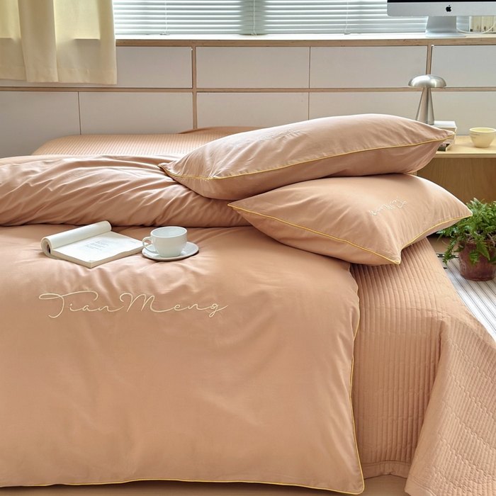 91家纺网 家纺一手货源 找家纺 Sweet dreams甜梦 2026新款全棉纯棉刺绣嵌绳床盖四件套 贝壳粉