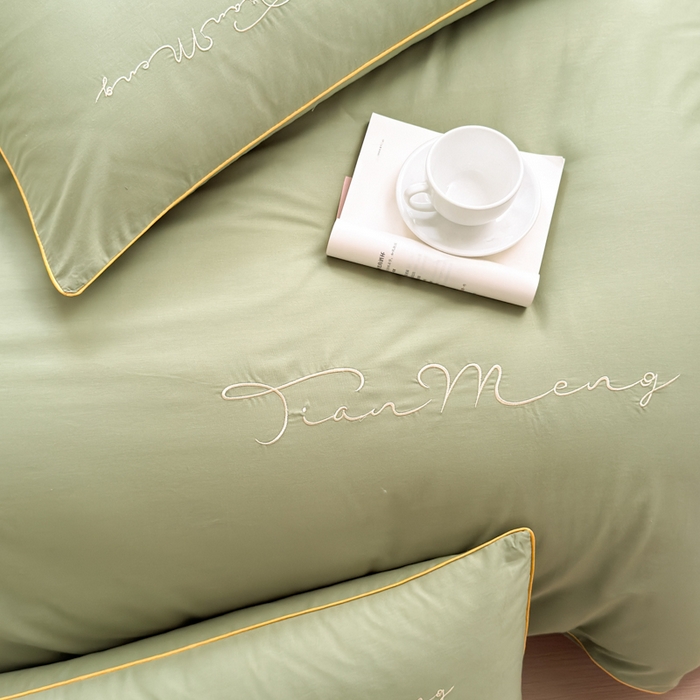 91家纺网 家纺一手货源 找家纺 Sweet dreams甜梦 2026新款全棉纯棉刺绣嵌绳床盖四件套 豆蔻绿
