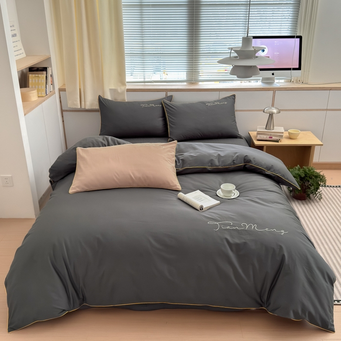 91家纺网 家纺一手货源 找家纺 Sweet dreams甜梦 2026新款全棉纯棉刺绣嵌绳床盖四件套 古典灰