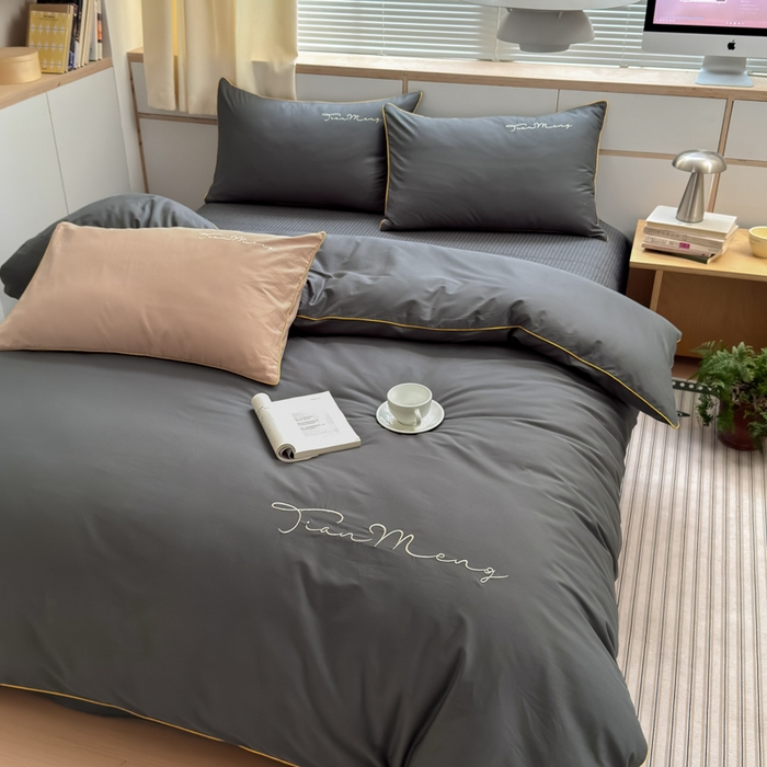 91家纺网 家纺一手货源 找家纺 Sweet dreams甜梦 2026新款全棉纯棉刺绣嵌绳床盖四件套 古典灰