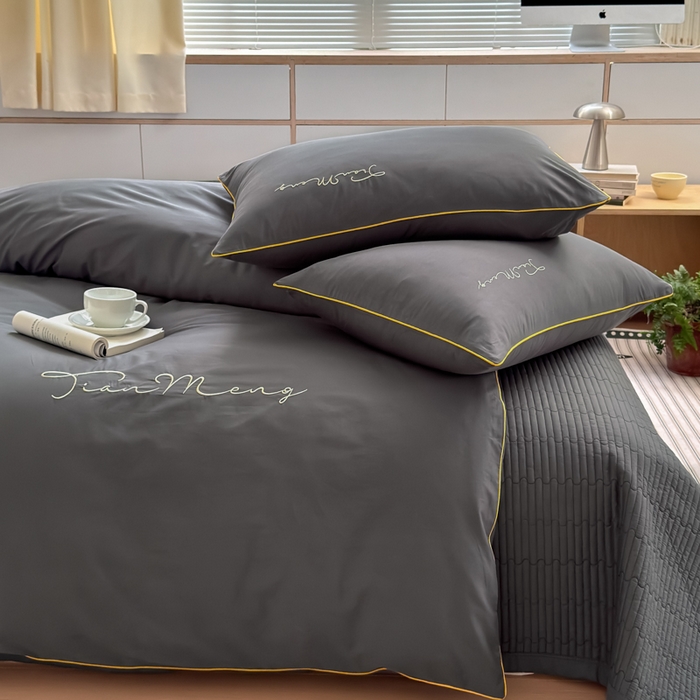 91家纺网 家纺一手货源 找家纺 Sweet dreams甜梦 2026新款全棉纯棉刺绣嵌绳床盖四件套 古典灰