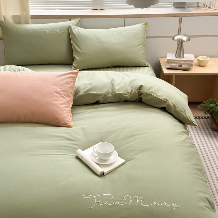 91家纺网 家纺一手货源 找家纺 Sweet dreams甜梦 2026新款全棉纯棉刺绣嵌绳床盖四件套 豆蔻绿