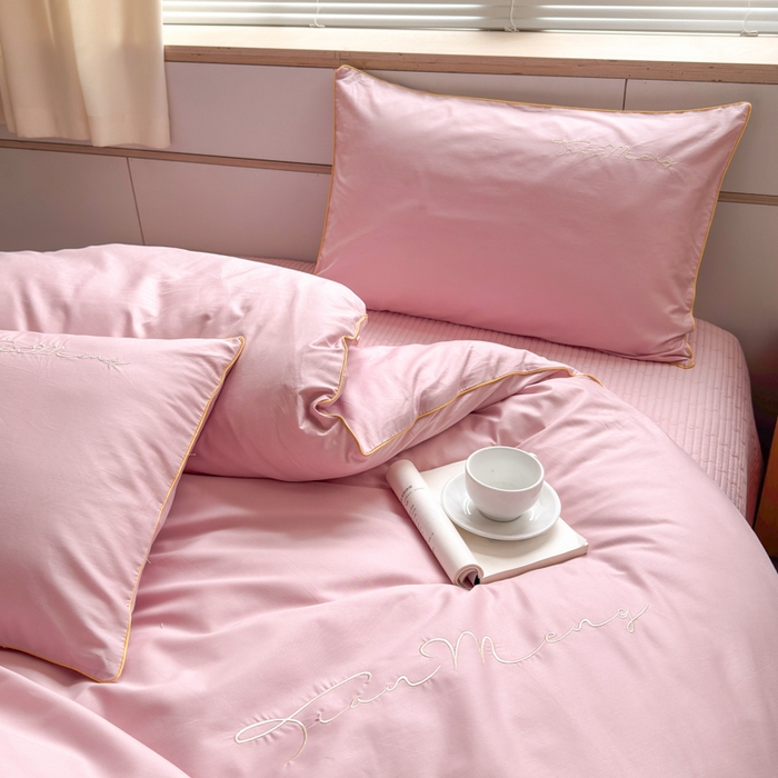 91家纺网 家纺一手货源 找家纺 Sweet dreams甜梦 2026新款全棉纯棉刺绣嵌绳床盖四件套 水蜜粉