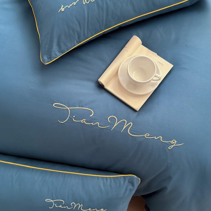 91家纺网 家纺一手货源 找家纺 Sweet dreams甜梦 2026新款全棉纯棉刺绣嵌绳床盖四件套 景泰蓝