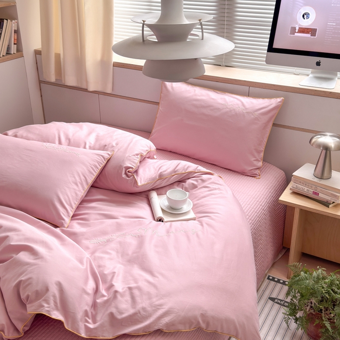 91家纺网 家纺一手货源 找家纺 Sweet dreams甜梦 2026新款全棉纯棉刺绣嵌绳床盖四件套 水蜜粉