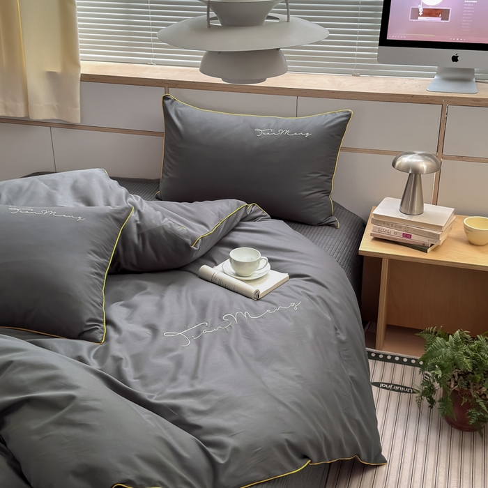 91家纺网 家纺一手货源 找家纺 Sweet dreams甜梦 2026新款全棉纯棉刺绣嵌绳床盖四件套 古典灰