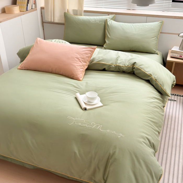 91家纺网 家纺一手货源 找家纺 Sweet dreams甜梦 2026新款全棉纯棉刺绣嵌绳床盖四件套 豆蔻绿