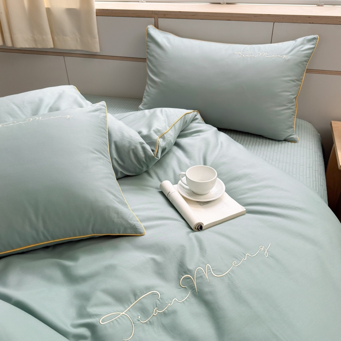 91家纺网 家纺一手货源 找家纺 Sweet dreams甜梦 2026新款全棉纯棉刺绣嵌绳床盖四件套 莫兰迪