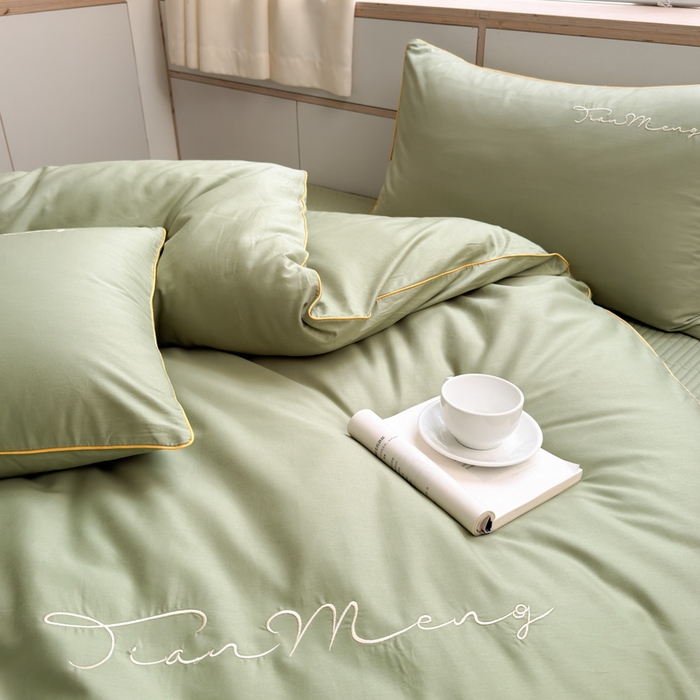 91家纺网 家纺一手货源 找家纺 Sweet dreams甜梦 2026新款全棉纯棉刺绣嵌绳床盖四件套 豆蔻绿