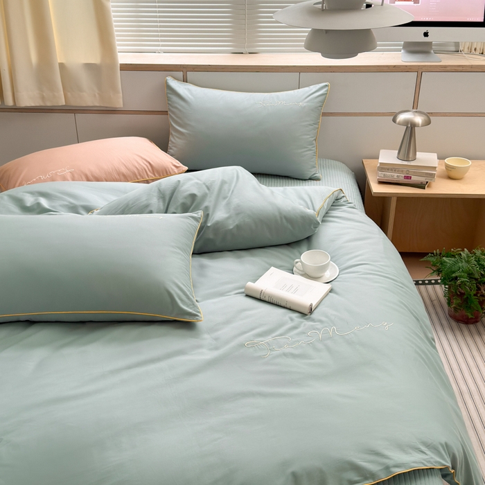 91家纺网 家纺一手货源 找家纺 Sweet dreams甜梦 2026新款全棉纯棉刺绣嵌绳床盖四件套 莫兰迪