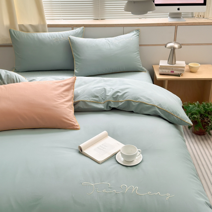 91家纺网 家纺一手货源 找家纺 Sweet dreams甜梦 2026新款全棉纯棉刺绣嵌绳床盖四件套 莫兰迪
