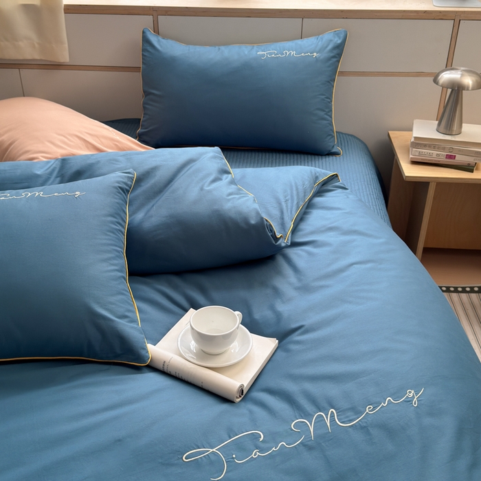 91家纺网 家纺一手货源 找家纺 Sweet dreams甜梦 2026新款全棉纯棉刺绣嵌绳床盖四件套 景泰蓝