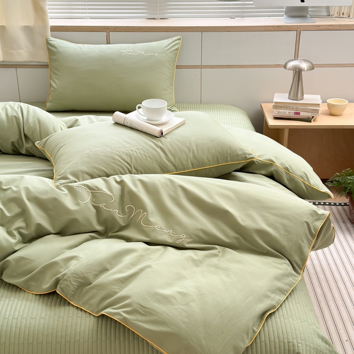 91家纺网 家纺一手货源 找家纺 Sweet dreams甜梦 2026新款全棉纯棉刺绣嵌绳床盖四件套 豆蔻绿