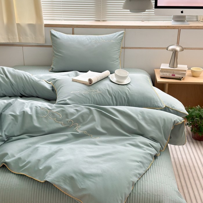 91家纺网 家纺一手货源 找家纺 Sweet dreams甜梦 2026新款全棉纯棉刺绣嵌绳床盖四件套 莫兰迪