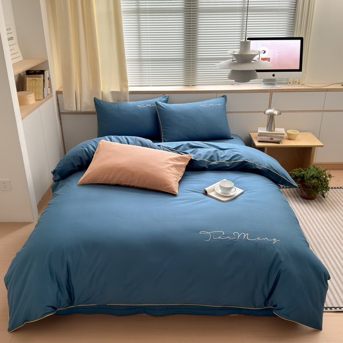 91家纺网 家纺一手货源 找家纺 Sweet dreams甜梦 2026新款全棉纯棉刺绣嵌绳床盖四件套 景泰蓝