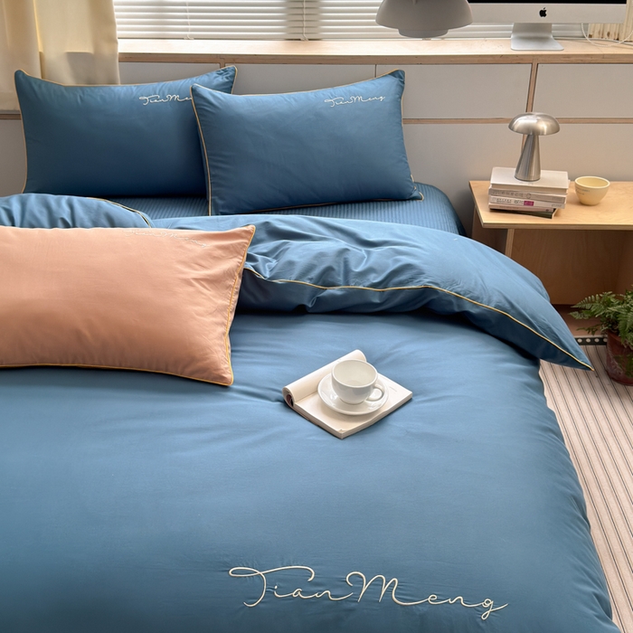 91家纺网 家纺一手货源 找家纺 Sweet dreams甜梦 2026新款全棉纯棉刺绣嵌绳床盖四件套 景泰蓝