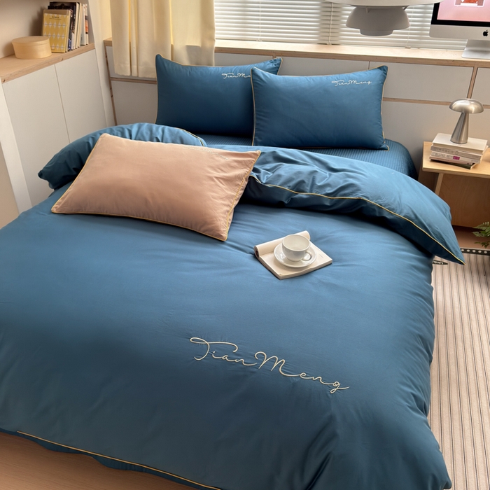 91家纺网 家纺一手货源 找家纺 Sweet dreams甜梦 2026新款全棉纯棉刺绣嵌绳床盖四件套 景泰蓝