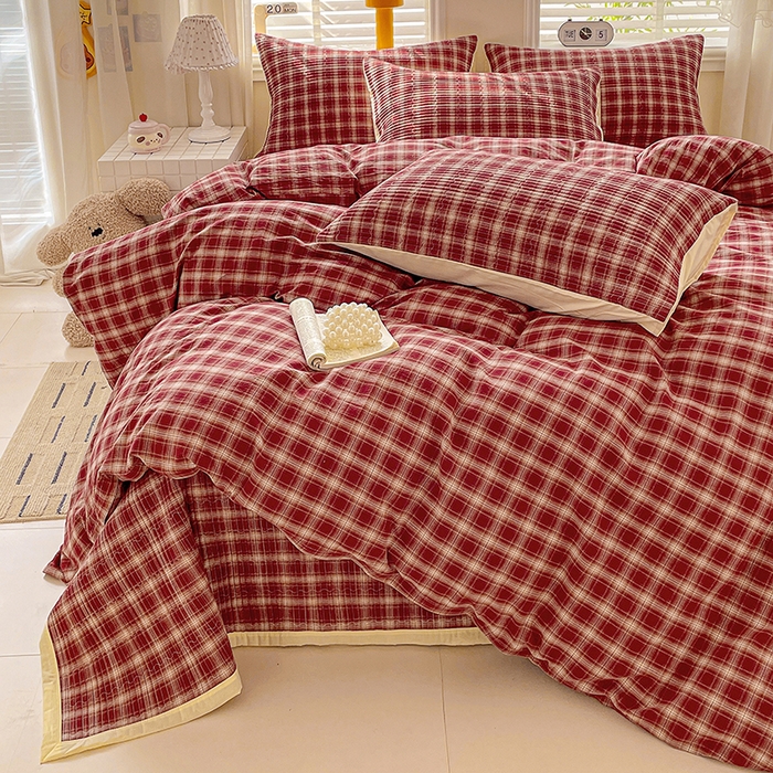 梦精灵家纺 2026新款全棉纯棉色织水洗棉四件套绗缝夹棉床盖防滑床单四季通用米单人学生宿舍 米兰红