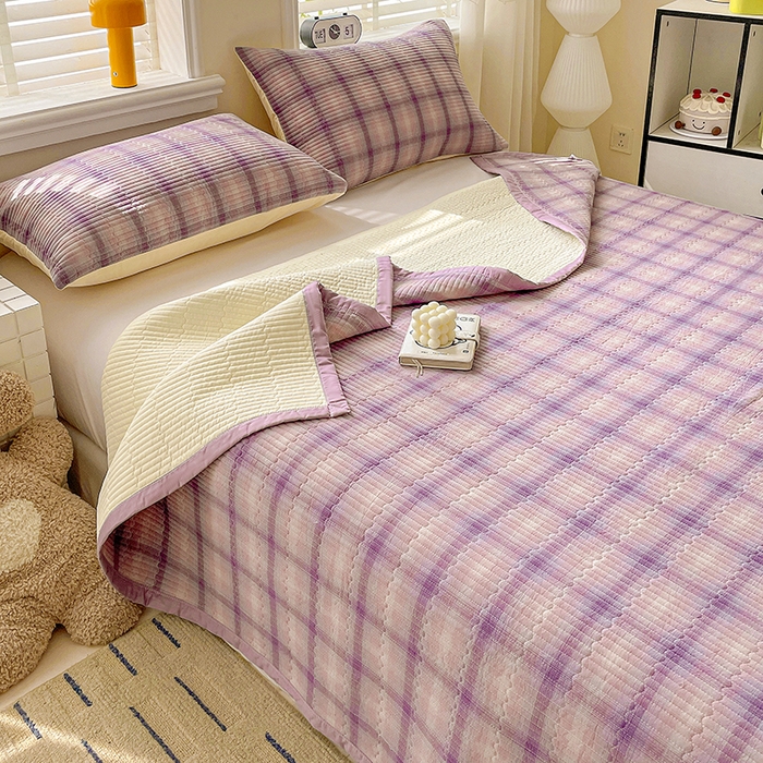 91家纺网 家纺一手货源 找家纺 梦精灵家纺 2026新款全棉纯棉色织水洗棉四件套绗缝夹棉床盖防滑床单四季通用米单人学生宿舍 浮影紫