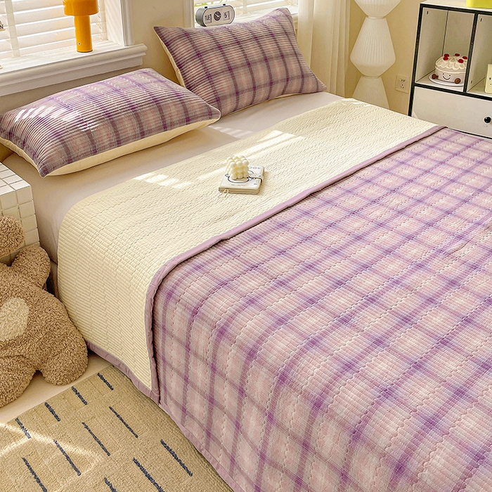 91家纺网 家纺一手货源 找家纺 梦精灵家纺 2026新款全棉纯棉色织水洗棉四件套绗缝夹棉床盖防滑床单四季通用米单人学生宿舍 浮影紫