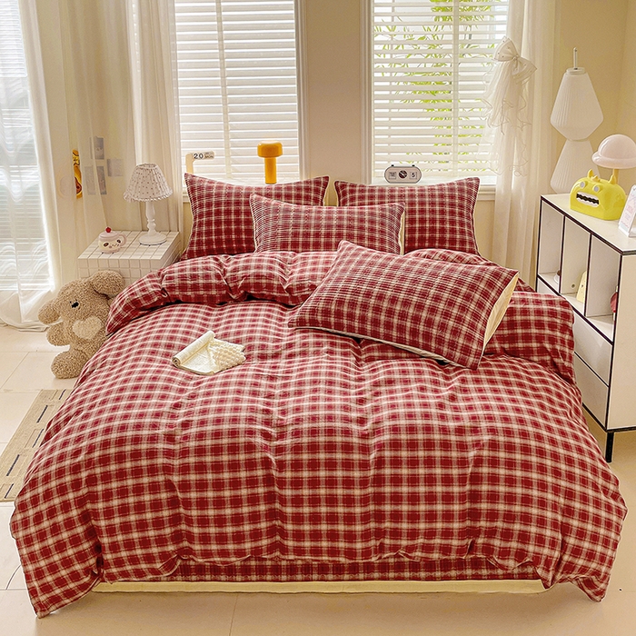 91家纺网 家纺一手货源 找家纺 梦精灵家纺 2026新款全棉纯棉色织水洗棉四件套绗缝夹棉床盖防滑床单四季通用米单人学生宿舍 米兰红