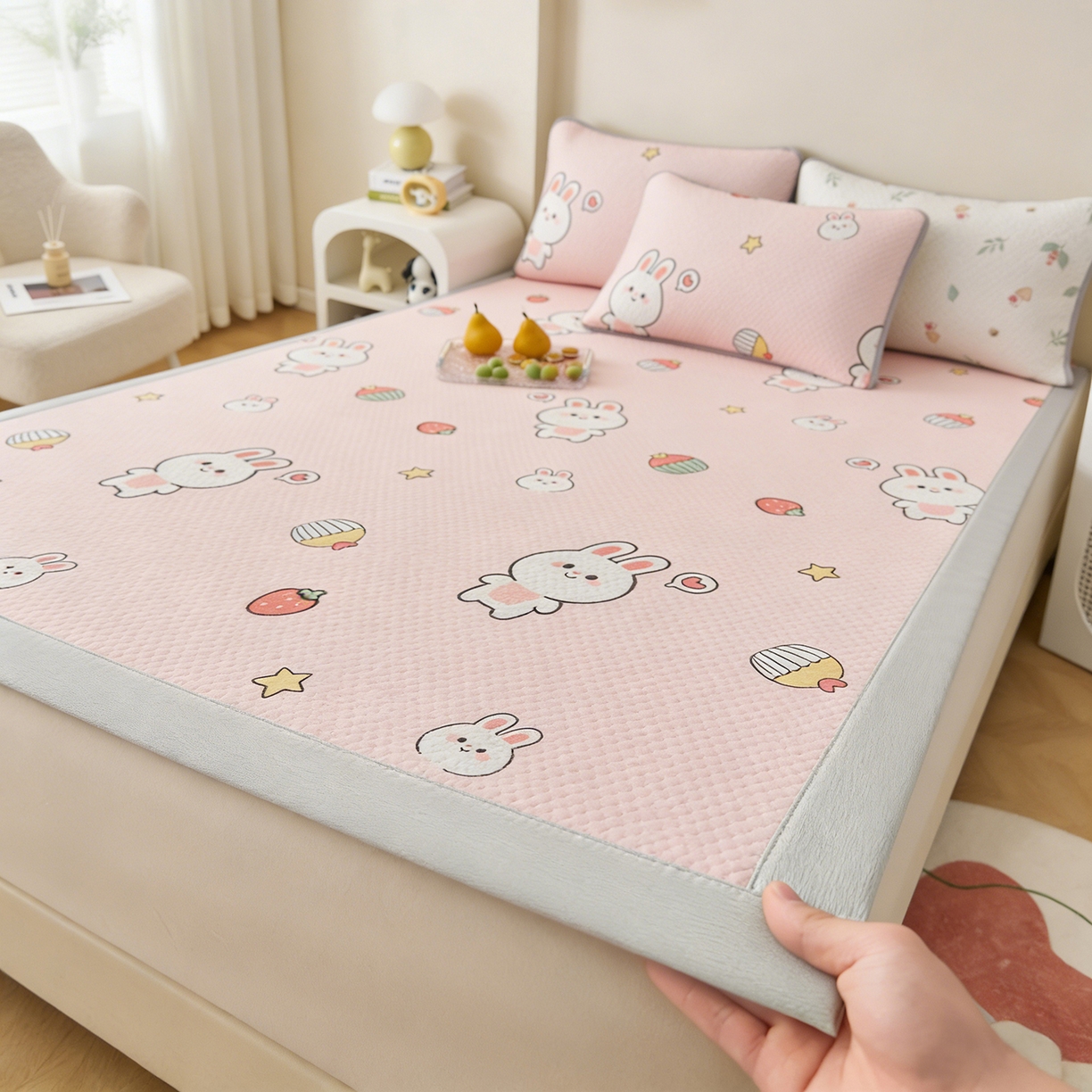 91家纺网 家纺一手货源 找家纺 奇丝雅 2026新款A类印花冰豆豆凉席三明治透气网冰丝凉席家用双人冰丝席床单可机洗大床图 大床款-巴比兔