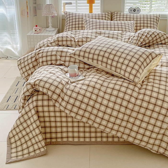 梦精灵家纺 2026新款全棉纯棉色织水洗棉四件套绗缝夹棉床盖防滑床单四季通用米单人学生宿舍 米兰米