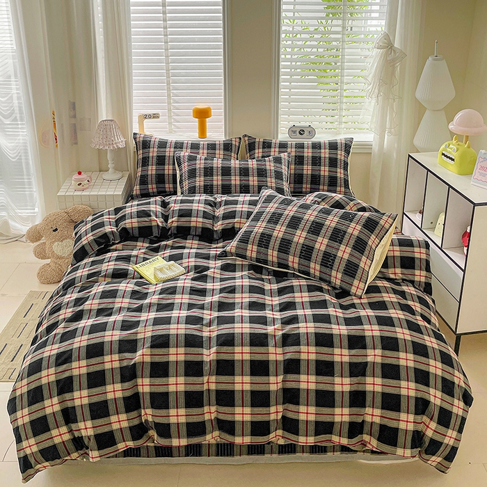 91家纺网 家纺一手货源 找家纺 梦精灵家纺 2026新款全棉纯棉色织水洗棉四件套绗缝夹棉床盖防滑床单四季通用米单人学生宿舍 木槿黑