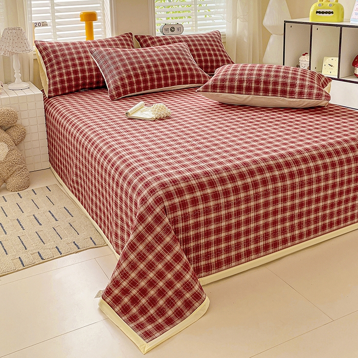 91家纺网 家纺一手货源 找家纺 梦精灵家纺 2026新款全棉纯棉色织水洗棉四件套绗缝夹棉床盖防滑床单四季通用米单人学生宿舍 米兰红