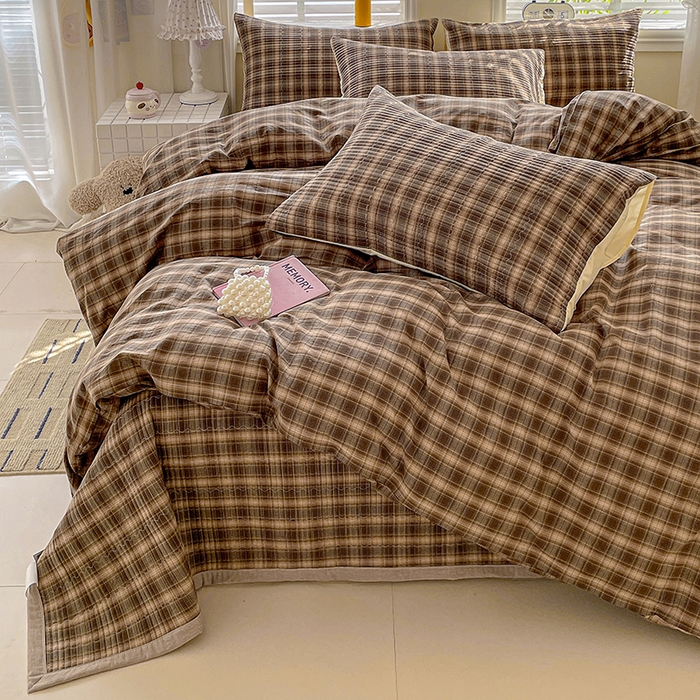 梦精灵家纺 2026新款全棉纯棉色织水洗棉四件套绗缝夹棉床盖防滑床单四季通用米单人学生宿舍 米兰咖