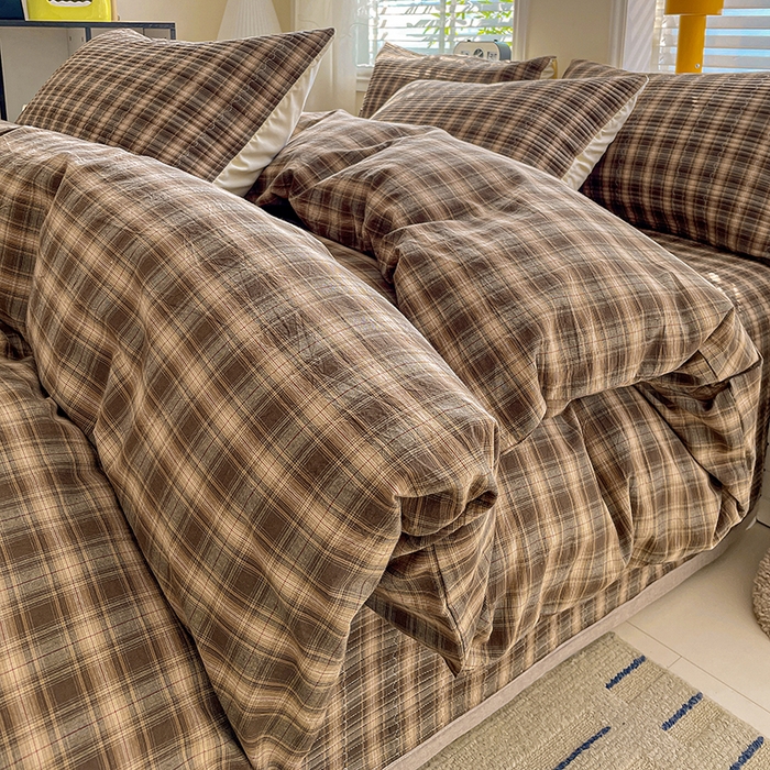 91家纺网 家纺一手货源 找家纺 梦精灵家纺 2026新款全棉纯棉色织水洗棉四件套绗缝夹棉床盖防滑床单四季通用米单人学生宿舍 米兰咖