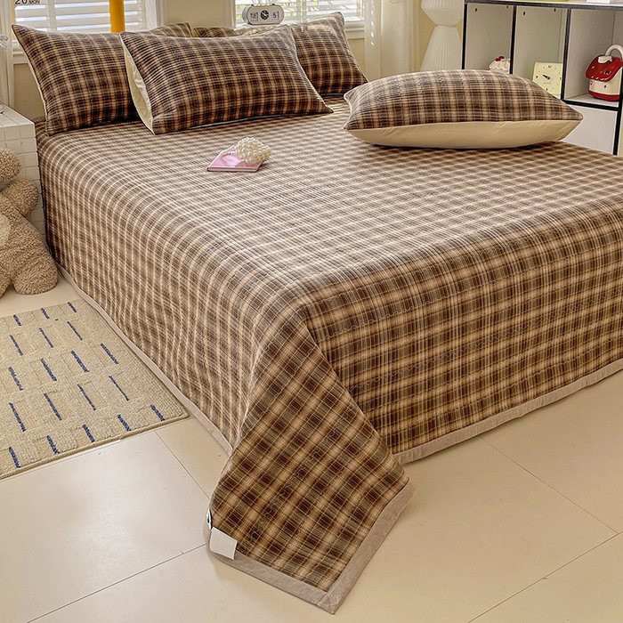 91家纺网 家纺一手货源 找家纺 梦精灵家纺 2026新款全棉纯棉色织水洗棉四件套绗缝夹棉床盖防滑床单四季通用米单人学生宿舍 米兰咖