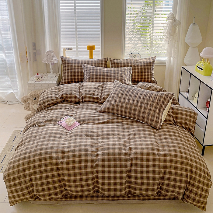 91家纺网 家纺一手货源 找家纺 梦精灵家纺 2026新款全棉纯棉色织水洗棉四件套绗缝夹棉床盖防滑床单四季通用米单人学生宿舍 米兰咖