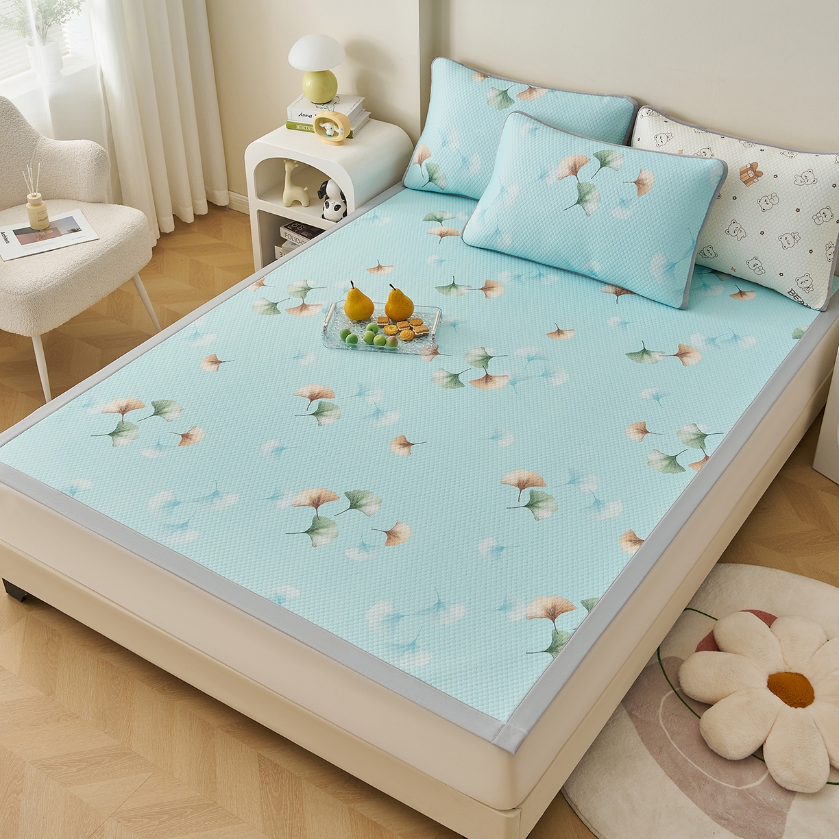 91家纺网 家纺一手货源 找家纺 奇丝雅 2026新款A类印花冰豆豆凉席三明治透气网冰丝凉席家用双人冰丝席床单可机洗大床图 大床款-叶语