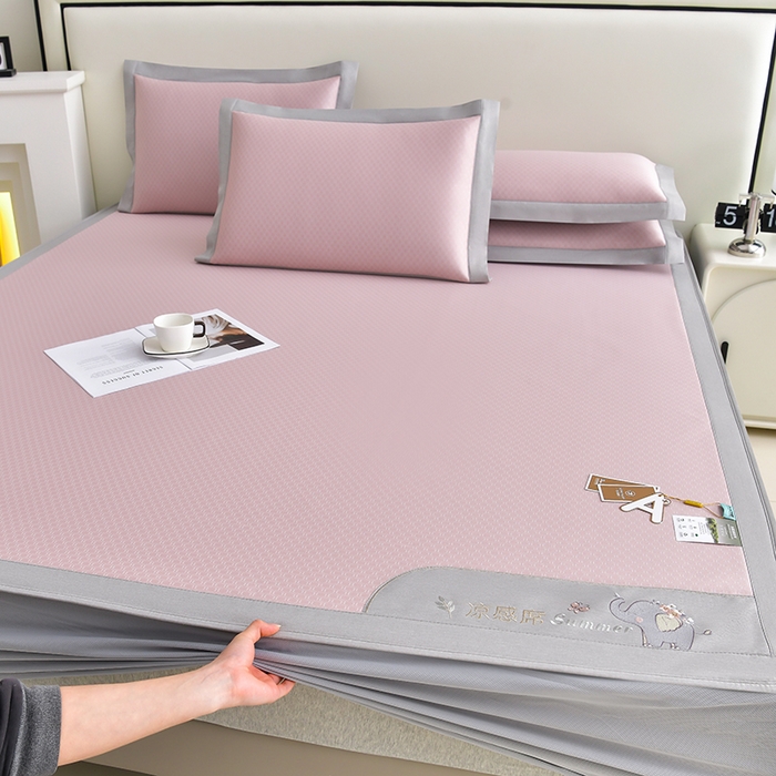 91家纺网 家纺一手货源 找家纺 小牛席业 2026新款小冰块大象凉感冰丝席（床笠款）凉席竹席藤席冰藤席乳胶席豆豆席 粉色