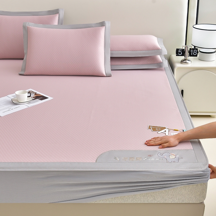 91家纺网 家纺一手货源 找家纺 小牛席业 2026新款小冰块大象凉感冰丝席（床笠款）凉席竹席藤席冰藤席乳胶席豆豆席 粉色