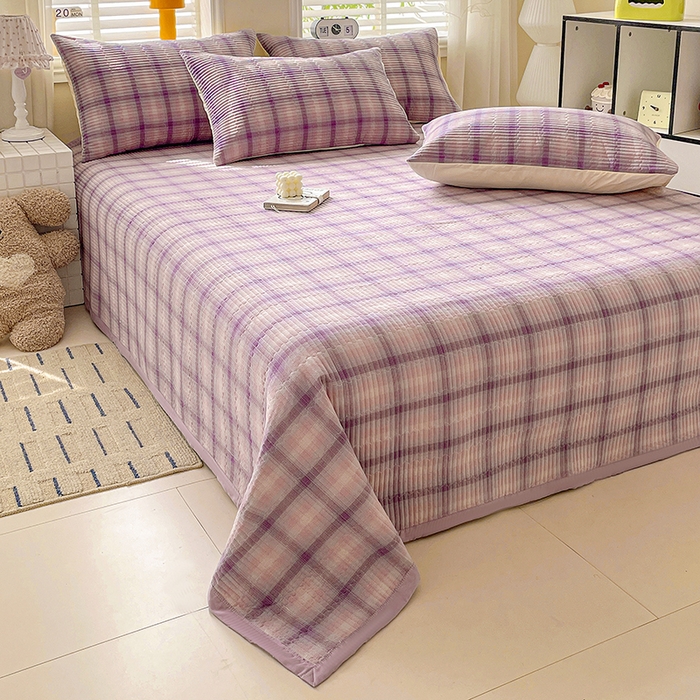 91家纺网 家纺一手货源 找家纺 梦精灵家纺 2026新款全棉床盖单件色织水洗棉绗缝夹棉床单 四季通用榻米防滑学生宿舍单人被套枕套 浮影紫