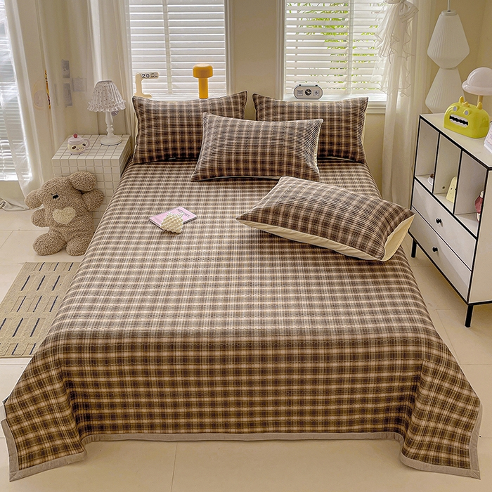 91家纺网 家纺一手货源 找家纺 梦精灵家纺 2026新款全棉床盖单件色织水洗棉绗缝夹棉床单 四季通用榻米防滑学生宿舍单人被套枕套 米兰咖