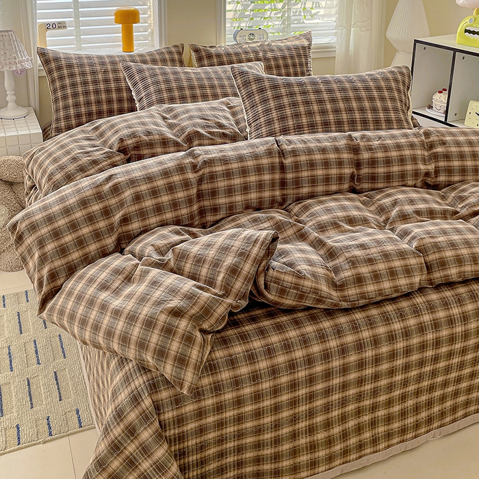 91家纺网 家纺一手货源 找家纺 梦精灵家纺 2026新款全棉床盖单件色织水洗棉绗缝夹棉床单 四季通用榻米防滑学生宿舍单人被套枕套 米兰咖