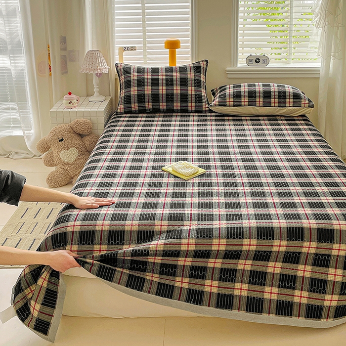 梦精灵家纺 2026新款全棉床盖单件色织水洗棉绗缝夹棉床单 四季通用榻米防滑学生宿舍单人被套枕套 木槿黑