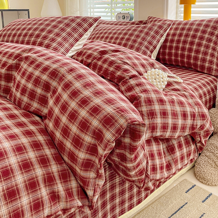 91家纺网 家纺一手货源 找家纺 梦精灵家纺 2026新款全棉床盖单件色织水洗棉绗缝夹棉床单 四季通用榻米防滑学生宿舍单人被套枕套 米兰红