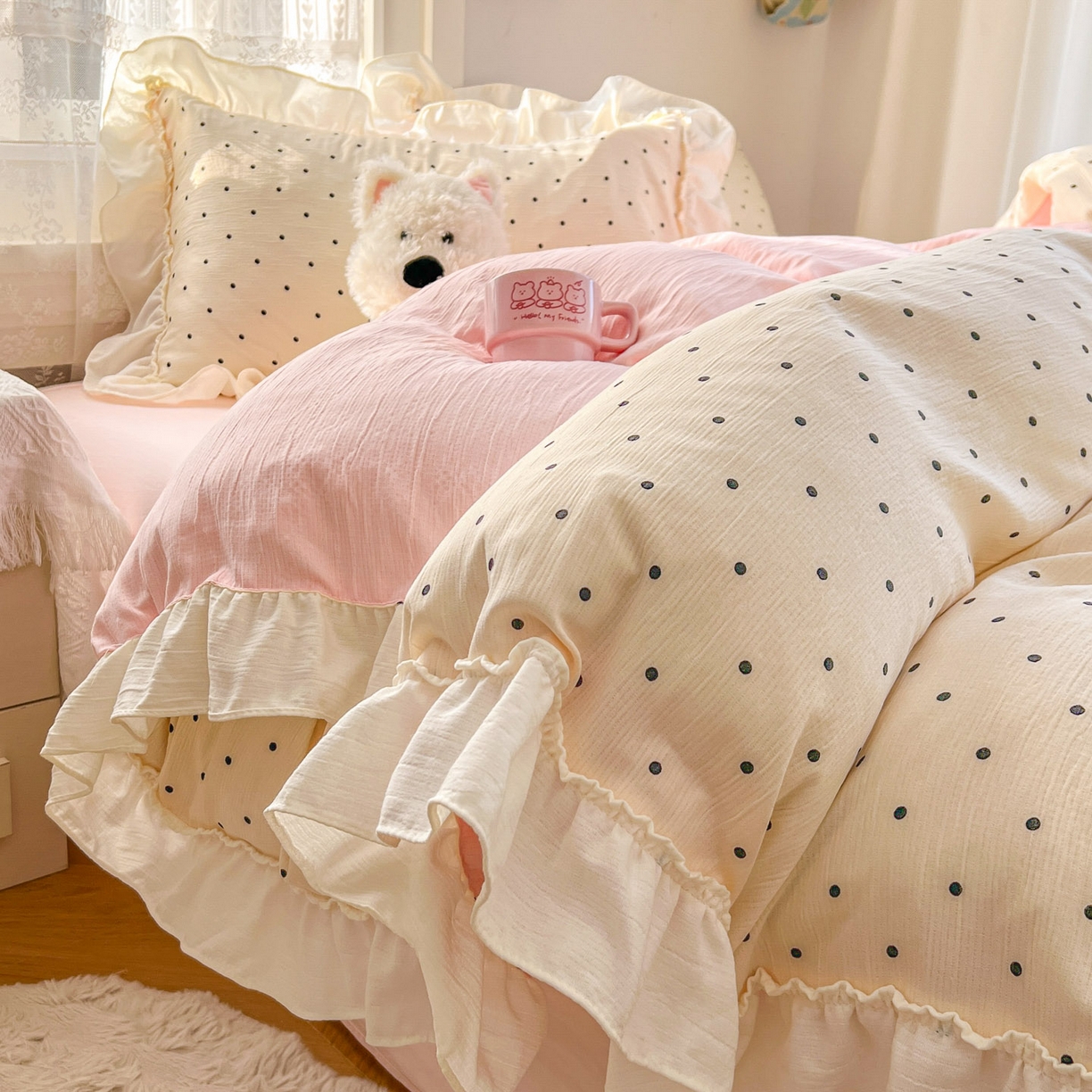 91家纺网 家纺一手货源 找家纺 （总）老K (原美阁） 2026年新款公主花边波点水洗棉四件套
