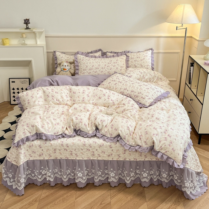 91家纺网 家纺一手货源 找家纺 （总）金梦家居 2025新款印花小竹棉花边夹棉床盖被套四件套