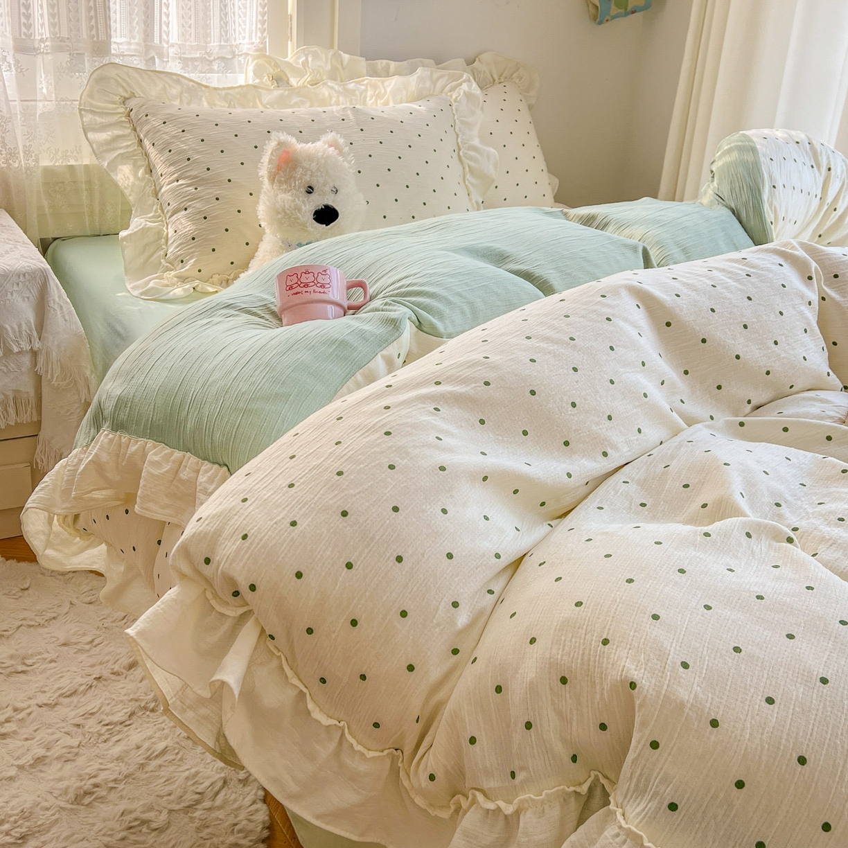 91家纺网 家纺一手货源 找家纺 （总）老K (原美阁） 2026年新款公主花边波点水洗棉四件套