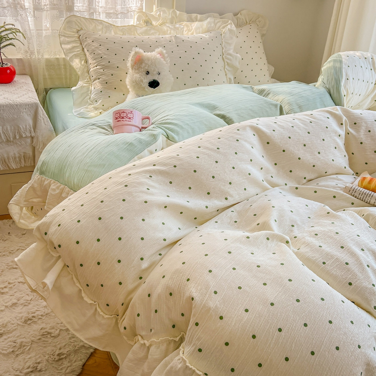 91家纺网 家纺一手货源 找家纺 （总）老K (原美阁） 2026年新款公主花边波点水洗棉四件套