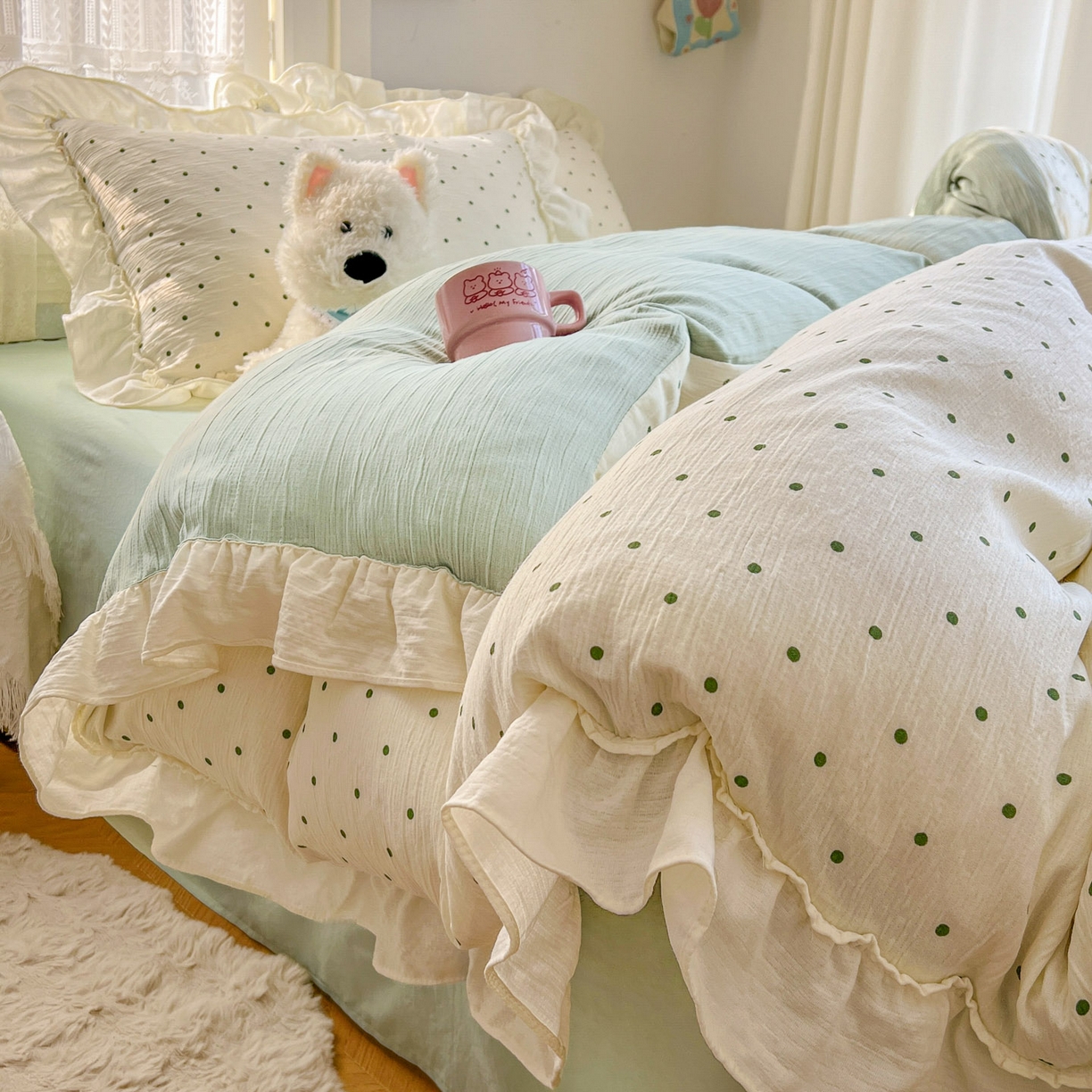 91家纺网 家纺一手货源 找家纺 （总）老K (原美阁） 2026年新款公主花边波点水洗棉四件套