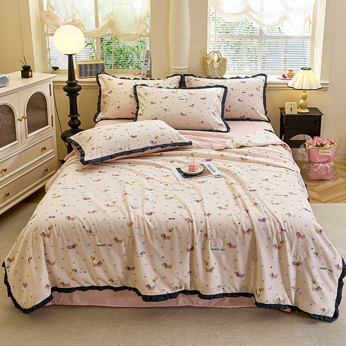 91家纺网 家纺一手货源 找家纺 一比一家纺 2026新款木棉赫本风花边夏被夏凉被空调被 狗狗乐园