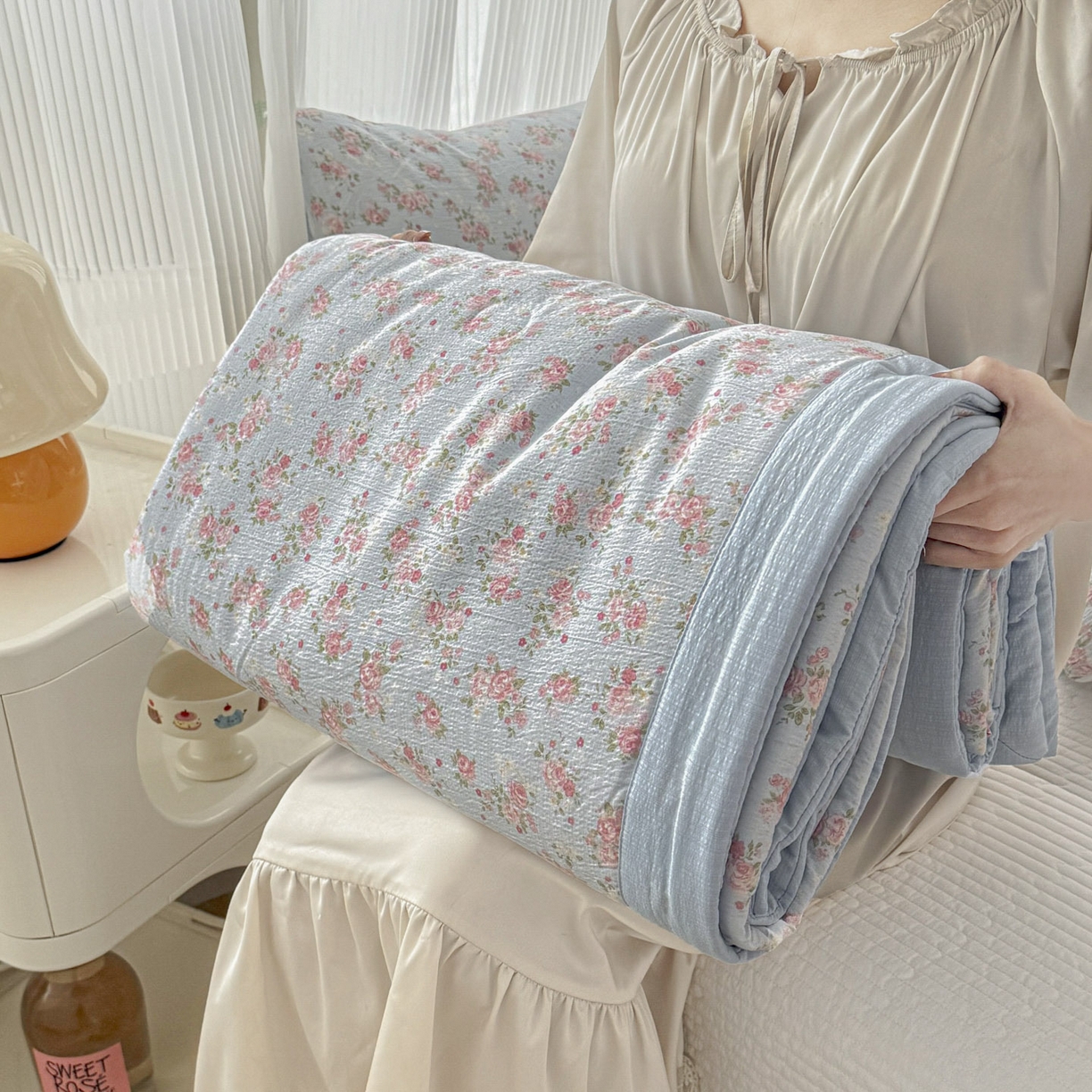 91家纺网 家纺一手货源 找家纺 默忆 2026新款A泡芙双层纱大豆夏被夏凉被空调被夏被四件套 泡芙-花开富贵