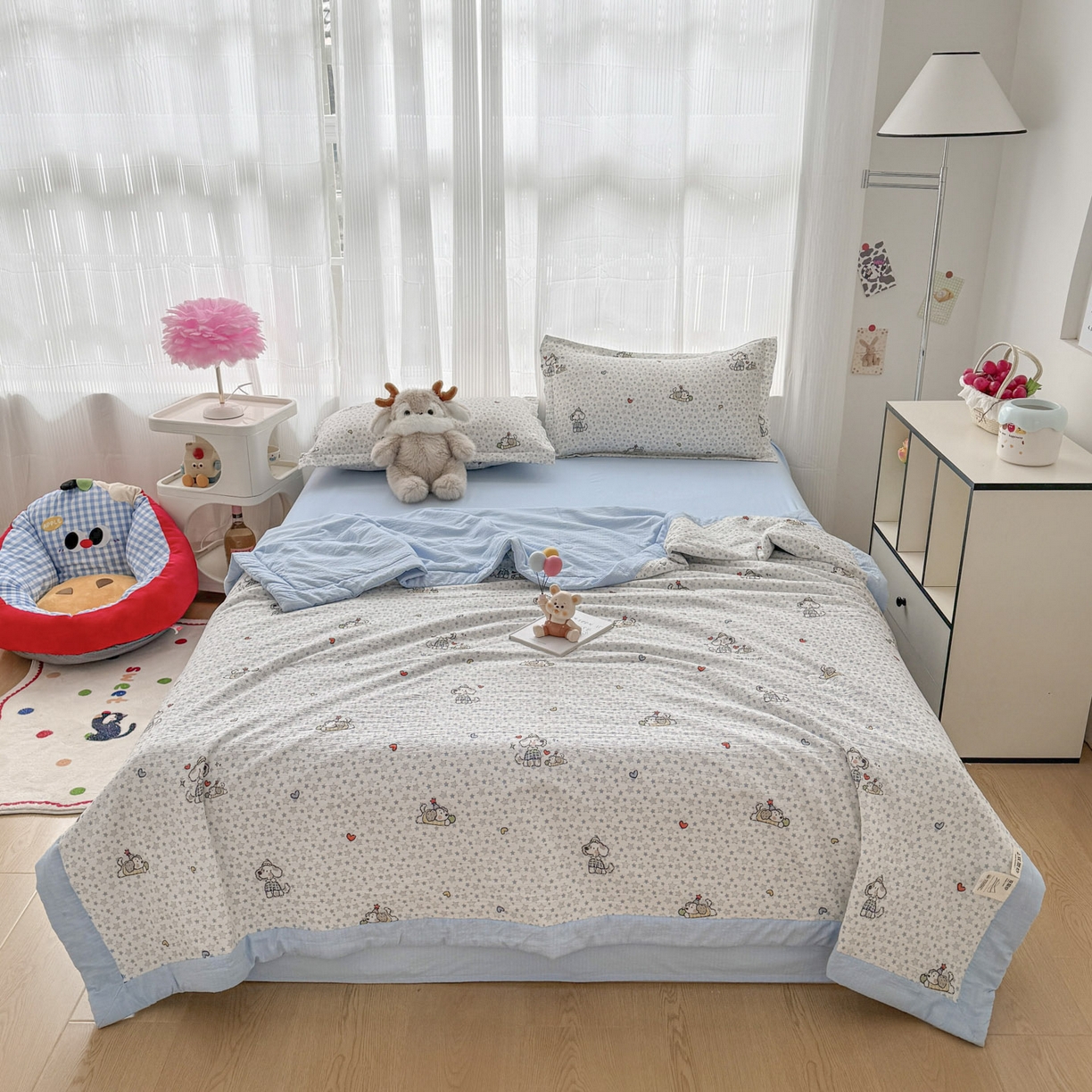 91家纺网 家纺一手货源 找家纺 默忆 2026新款A泡芙双层纱大豆夏被夏凉被空调被夏被四件套 泡芙-happy狗